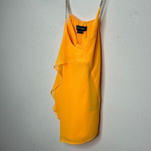 Marciano Yellow Semi-Sheer Tiered Ruffle Round Neck Gold Chain Straps Blouse S